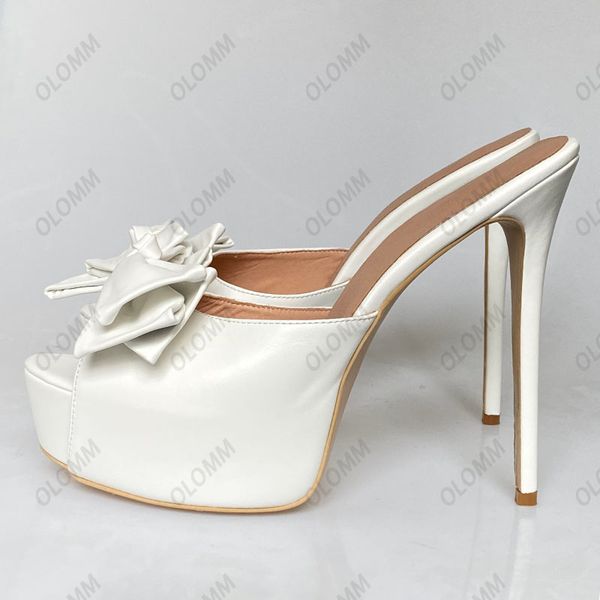 

olomm2023 handwork women mules sandals butterfly knot stiletto heels peep toe pretty white party shoes us plus size 5-20, Black