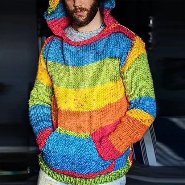

retro multicolor rainbow stripe men sweater autumn winter casual long sleeve hooded sweater men fashion trend loose knit sweater 220817, White;black