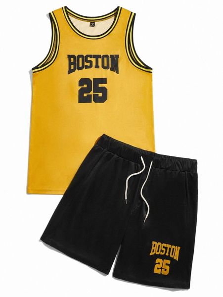 

men letter graphic contrast trim drawstring waist basketball jersey set v3wd#, Gray
