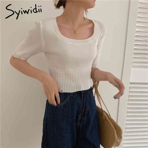

screw thread knitted blouses women short sleeve square collar solid clothes summer korean fashion shirts 210415, White