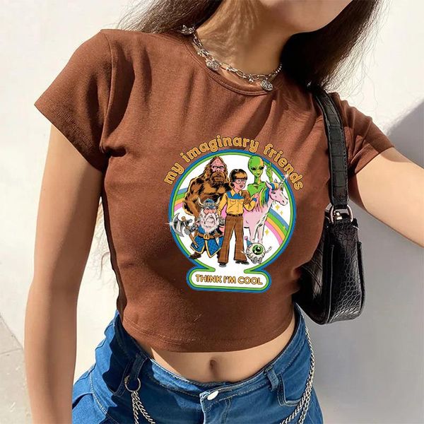 Womens Fashion Brown Tanks Tee E-girl Abiti gotici estetici T-shirt ritagliata Stampa vintage Think Im Cool Summer Baby Y2k Top