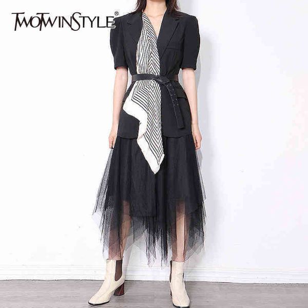 

hit color two piece set for women notched short sleeve sashes slim blazers midi skirts elegant sets female fashion 210423, White