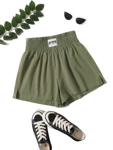 

plus letter patched shirred split hem shorts y7jo#, Black