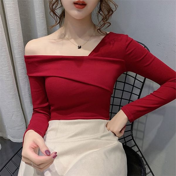 

trendy one-shoulder slanted shoulder t-shirt strapless scheming bottoming shirt autumn and winter slim long sleeves 210412, White