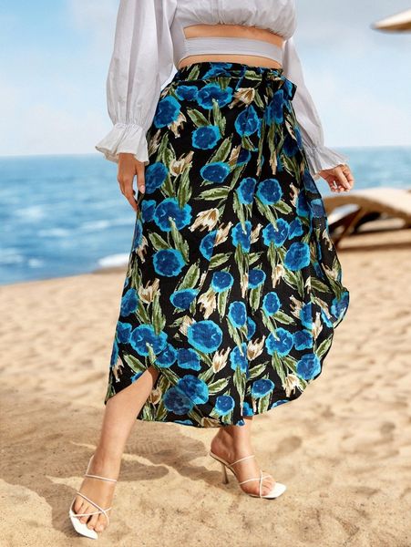 

plus allover floral print wrap hem belted wide leg pants k36y#, Black