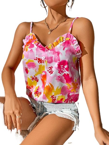 

floral print frill trim cami p8uo#, White