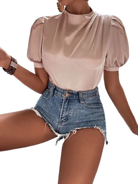 

mock neck fold pleated puff sleeve satin blouse 42ff#, White