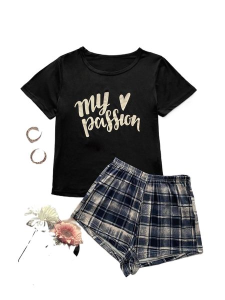 

letter graphic tee & plaid print shorts pj set a1ny#, Black;red