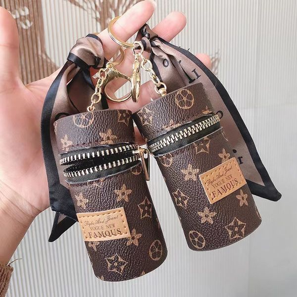 

fashion keychains wallet lipstick change storage box keyring hardware chain leather silk scarf creative cylinder key chain bag pendant, Silver