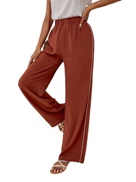 

contrast seam side wide leg pants w24j#, Black;white