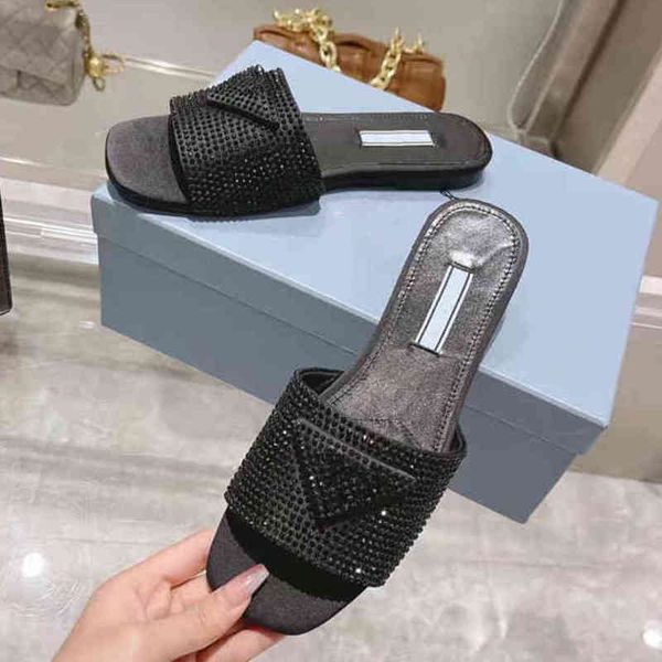 

rhinestone flat slippers in spring and summerexposed toedesigner thin heeldesigner one-sided with cool drag outlet, Black