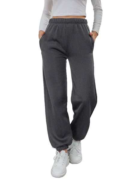 

solid elastic waist slant pocket sweatpants 56u3#, Black;white