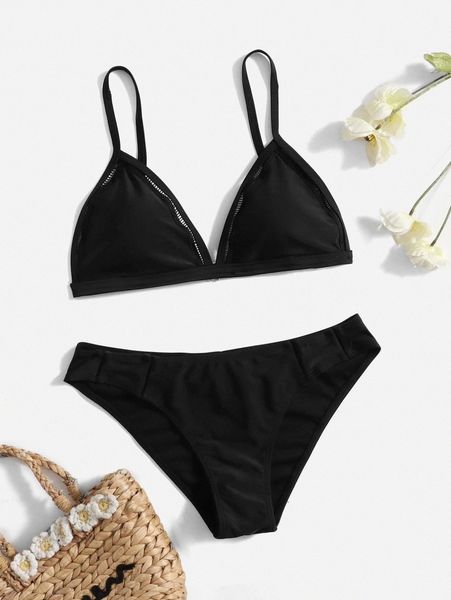 

plain hollow out triangle bikini swimsuit b3kt#, White;black