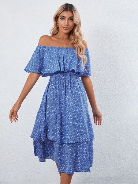 

fold off shoulder ditsy floral dress h1sc#, Black;gray