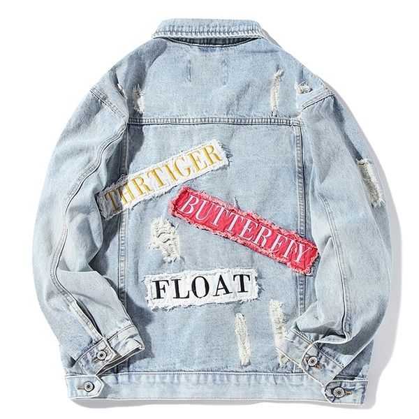 

letter embroidery patch mens denim jacket blue washed ripped streetwear jeans jacket autumn new cotton outwear men r2354 t200502, Black;brown