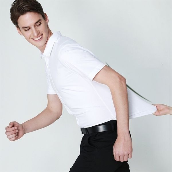 

men's short sleeve dress shirt non-iron solid color basic business social stretch summer fashion comfortable formal shirts 220322, White;black