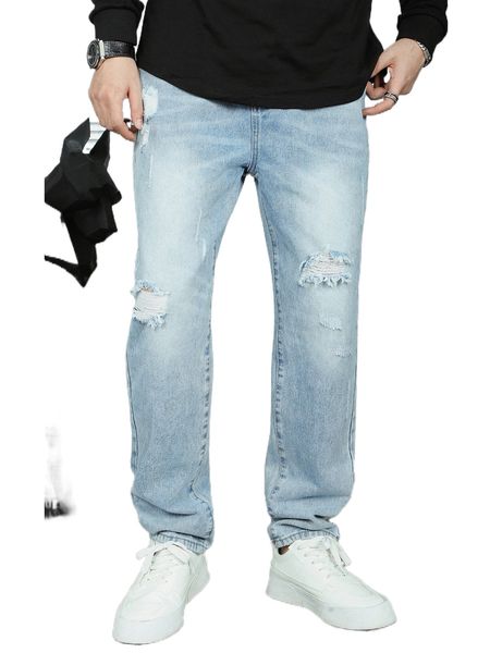 

men ripped cat whisker straight leg jeans f09v#, Blue