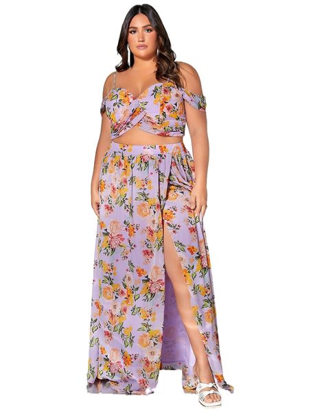 

plus floral print cold shoulder crop & split thigh skirt y31f#, Black