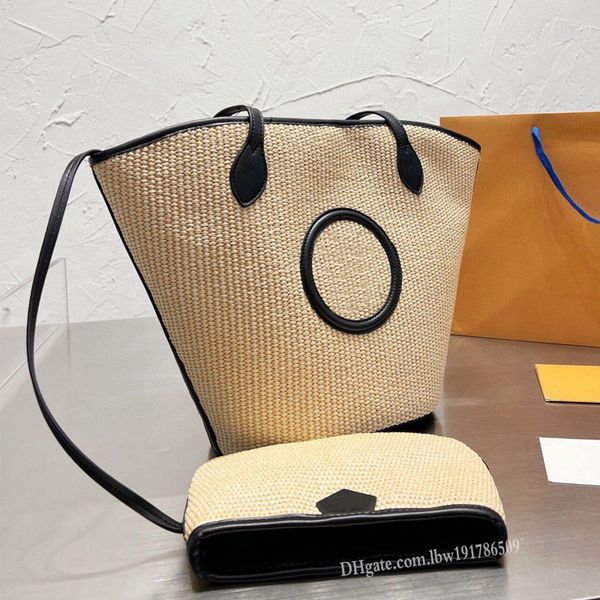 

2pcs set women classic luxury designer straw bag weave tote leather handbags shoulder bags handbag clutch messenger shopping with coin purse
