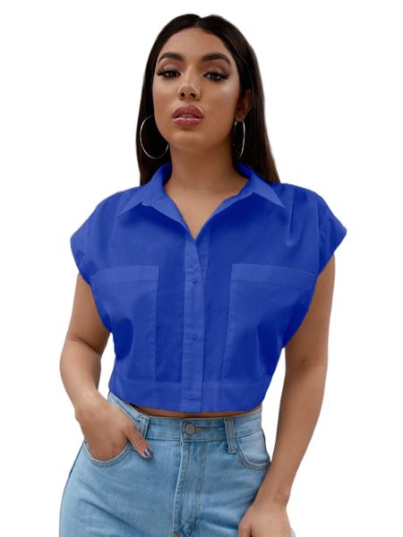 

pocket patched button up blouse h2fd#, White