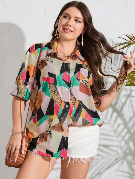 

plus geo print drop shoulder blouse n9hv#, Black