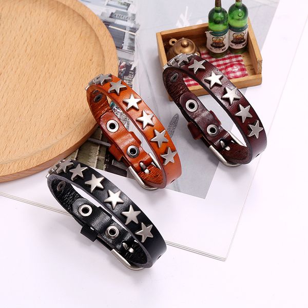

five star leather bracelet men vintage star spikes rivet gothic cuff bracelets for women jewelry 3 colors, Golden;silver