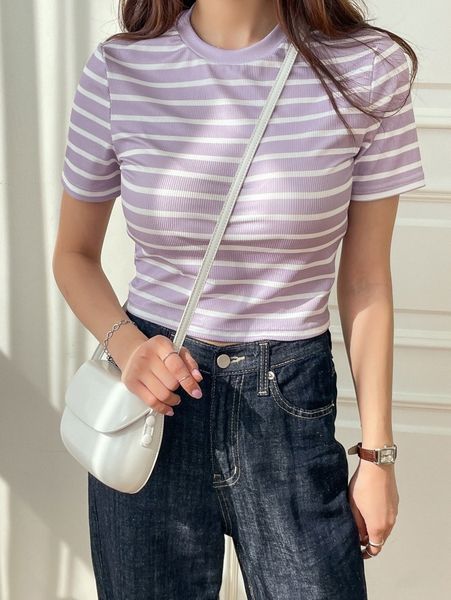 

dazy striped print crop tee y32l#, White