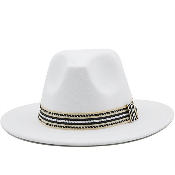 Chapéu de creme de jazz fedora com faixa listrada mulheres homens felted tampão largo borda elegante festas casamento igreja chapéu