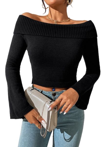 

off shoulder trumpet sleeve fold over sweater m8xk#, White;black