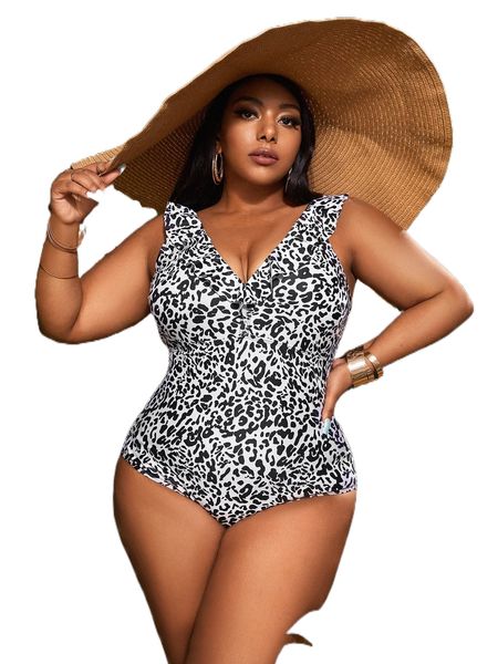 

plus leopard print ruffle trim one piece swimsuit 17v7#, White;black