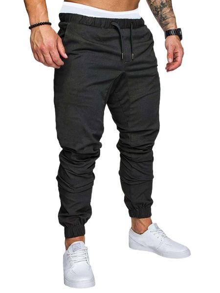 

men drawstring waist slant pockets pants c7bc#, Black
