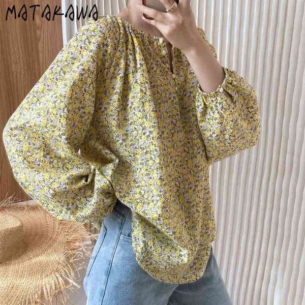 

lantern sleeve blouse women summer blusas korean floral round neck shirts loose longsleeved woman shirt 210506, White