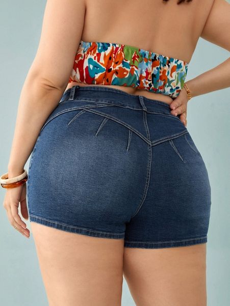 

plus slant pockets washed denim shorts a2ot#, White;black
