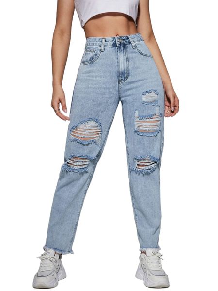

ripped raw hem mom jeans e3e5#, Blue