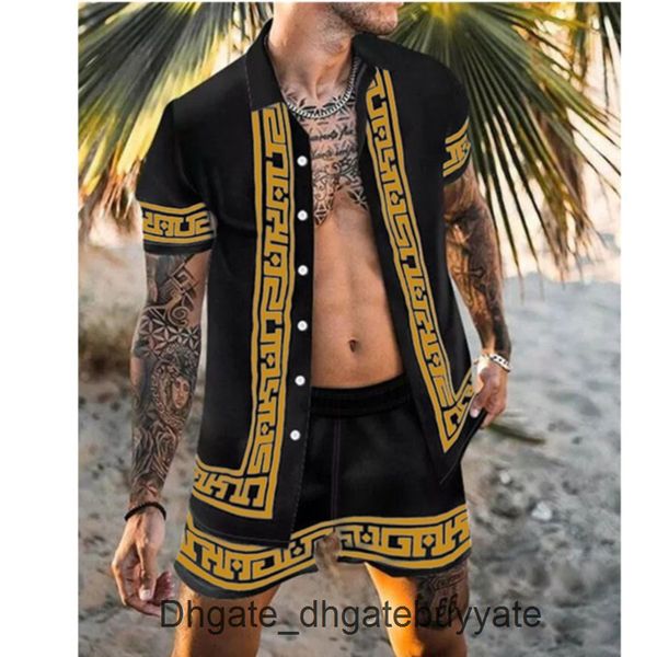 

summer luxury mens tracksuit hawaiian sets t-shirts printing fashion men swim short sleeve button shirts beach shorts streetwear casual shir, Gray