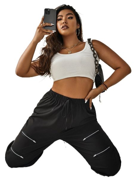 

plus zip detail knot front pants 89qt#, Black