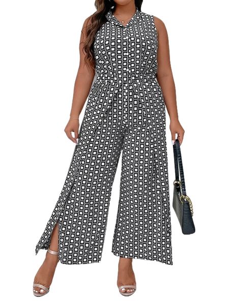 

plus allover geo print blouse & wrap hem pants r8ic#, Black