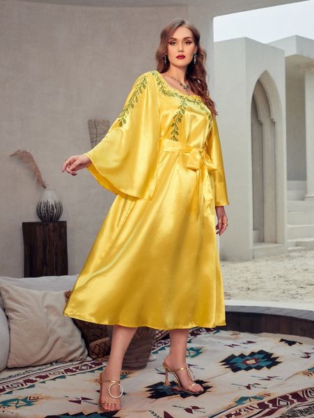 

plus plant print belted dress e53z#, Black