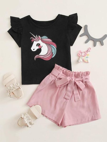 

toddler girls cartoon graphic tee with belted shorts she, White