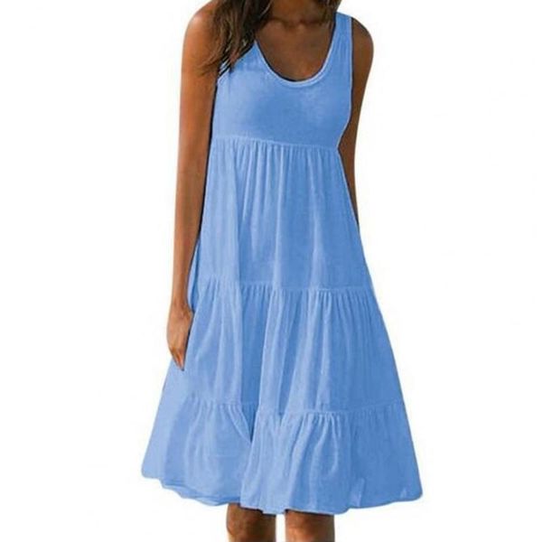 

casual dresses summer sleeveless women dress solid color thin splicing large hem o neck midi for party streetwear vestidos, Black;gray