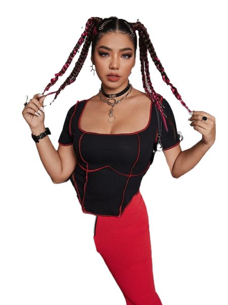 

plus contrast stitch asymmetrical hem r7fz#, Black