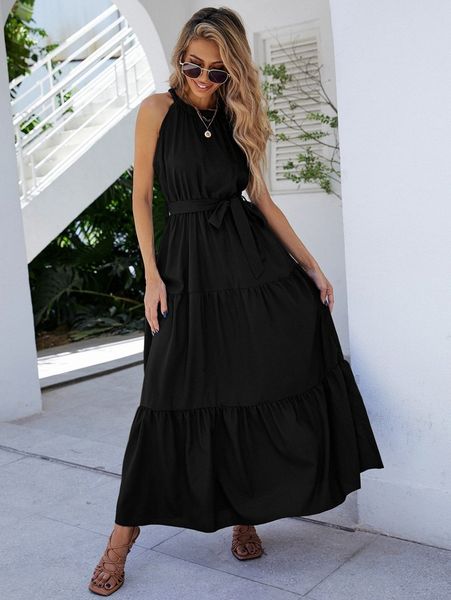 

solid ruffle hem belted halter dress l2ku#, Black;gray