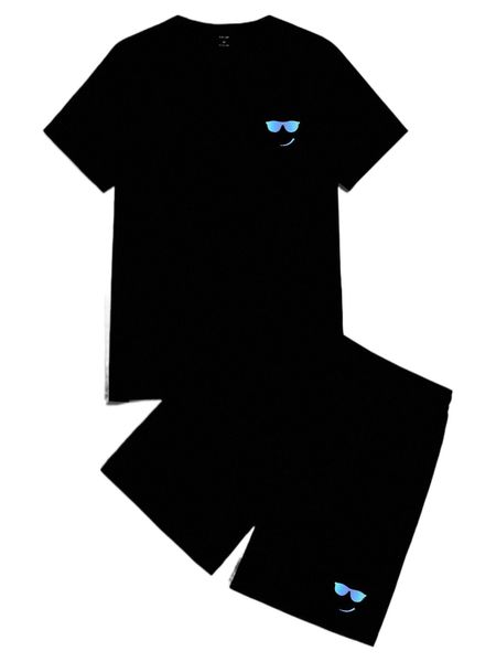 

men reflective cartoon graphic tee & drawstring waist shorts d6eu#, Gray