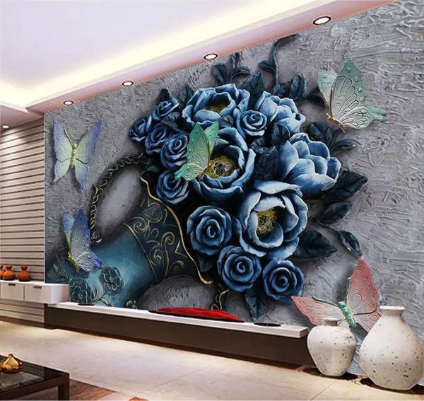 

custom Embossed floral butterfly Wallpaper For Living Room Bedroom 3D Mural Wall paper roll Decor Modern Wall Covering, Blue