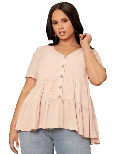 

plus button front ruffle hem p3jl#, Black