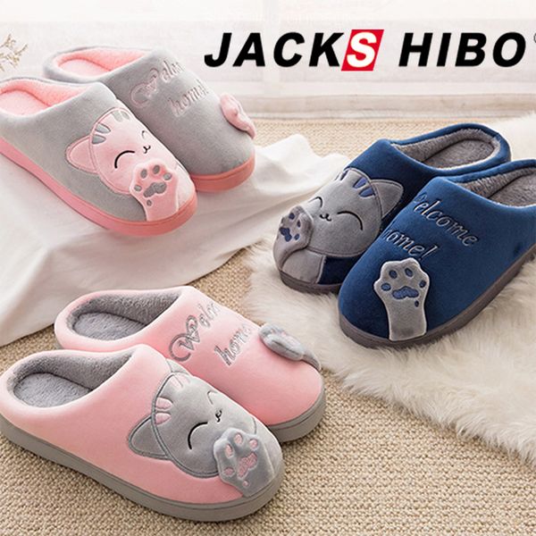 

jackshibo new couples cartoon cat women shoes non-slip soft warm man house slippers indoor bedroom lovers winter home slippers, Black