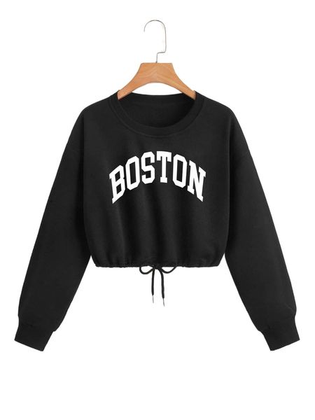 

letter print drawstring hem thermal lined sweatshirt c52q#, Black