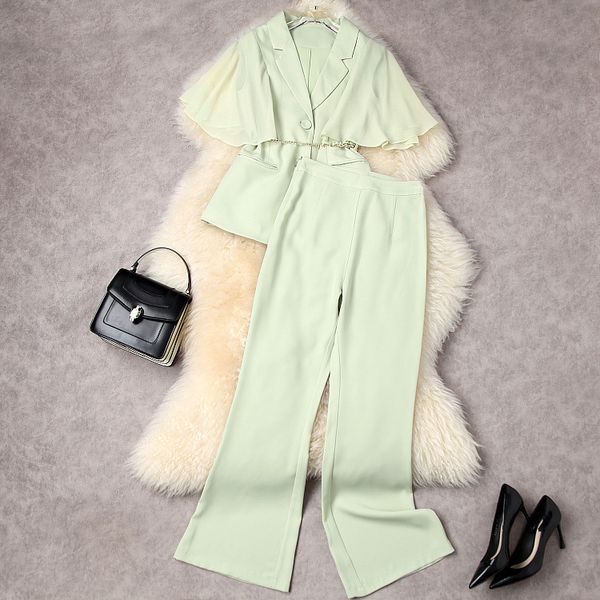 

european and american women's wear spring 2022 new lotus leaf sleeve chain belt coat wide-legged pants fashion suits, White