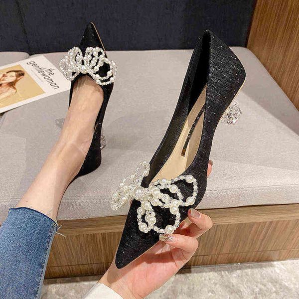 

dress shoes designer chic pearl bow high heels versatile pointed shallow mouth women pumps sandals 220303, Black