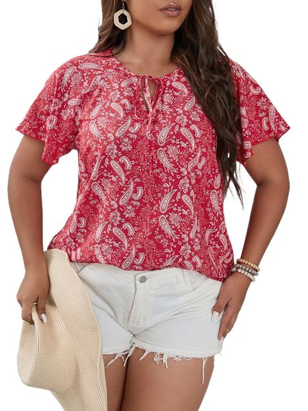 

plus paisley print tie neck butterfly sleeve blouse j1xn#, Black